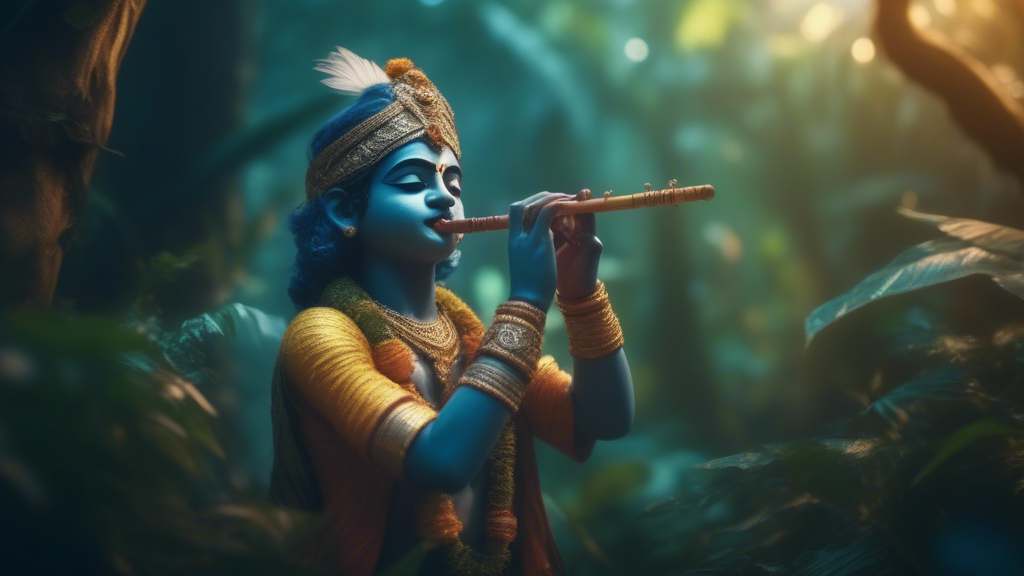 Lord Krishna is playing the flute in a jungle type location with animals and birds dancing around him. generated with Sora Video AI