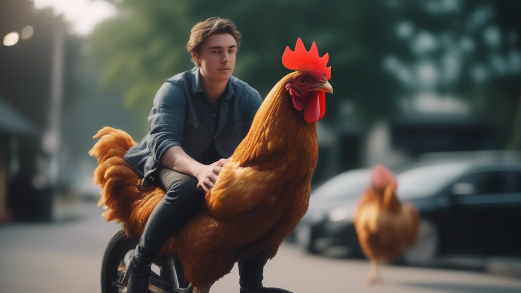 mrbeast is riding on a big chicken generated with Sora Video AI