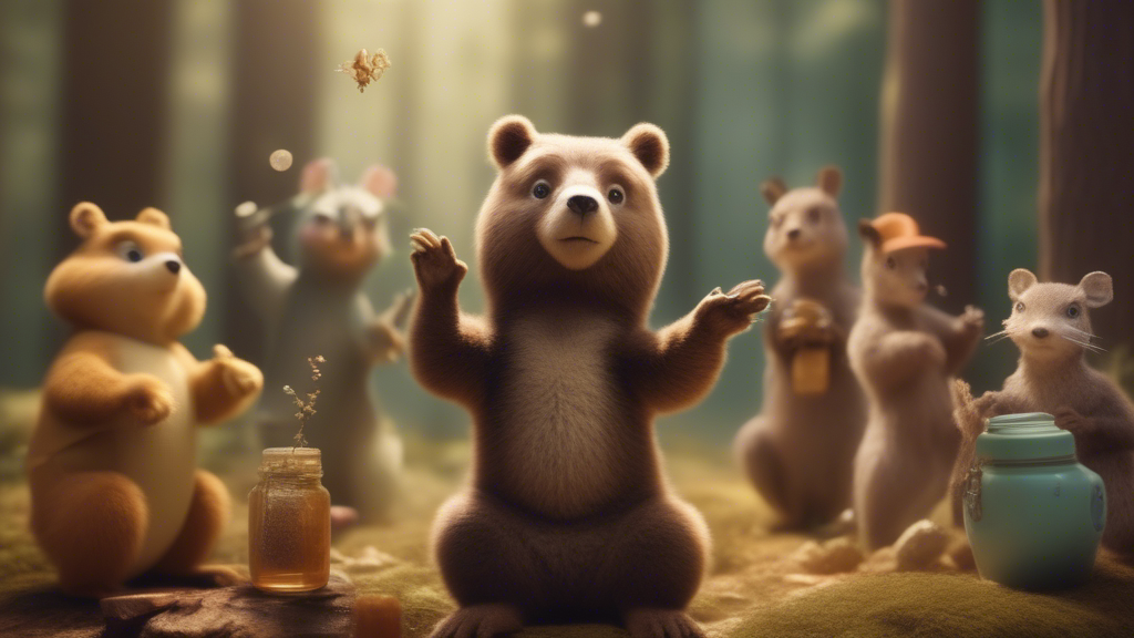 A group of animals hold a talent show in the forest. A bear attempts to juggle honey jars, a squirrel tries stand-up comedy, and a deer performs ballet. The show is full of unexpected mishaps and cheerful encouragement from the animal audience. generated with Sora Video AI