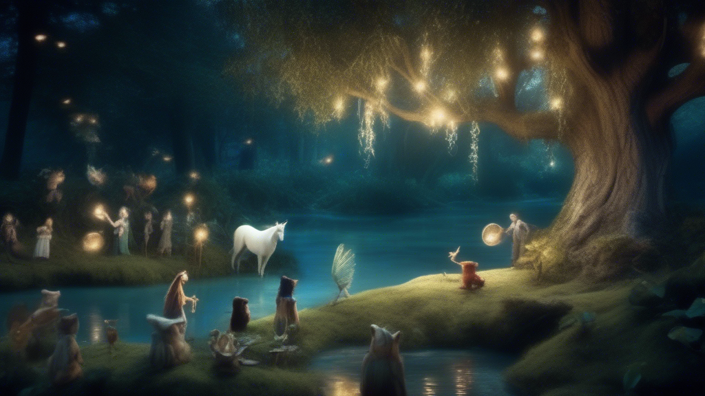 A whimsical journey through a magical forest filled with fantastical creatures. Witness a dancing fairy circle, a choir of singing frogs, a unicorn prancing by a sparkling river, and a wise old owl telling tales under the moonlight. The scene ends with all the creatures gathering around a glowing tree, celebrating the magic of their world. generated with Sora Video AI