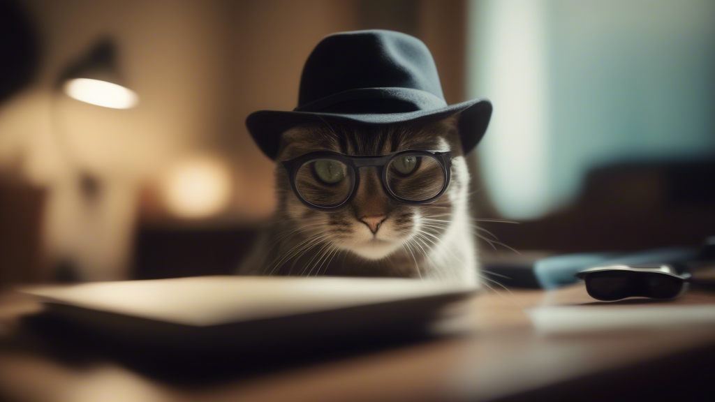 A cat wearing a detective hat and glasses, sneaking around the house like a spy, trying to solve the mystery of the missing catnip, with comedic music playing in the background. generated with Sora Video AI