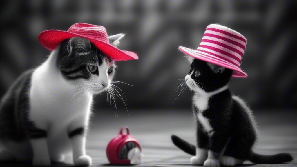 Black and white cat gives a red hat to the striped cat. The striped cat gives a pink one to the black and white cat.Camera dron generated with Sora Video AI