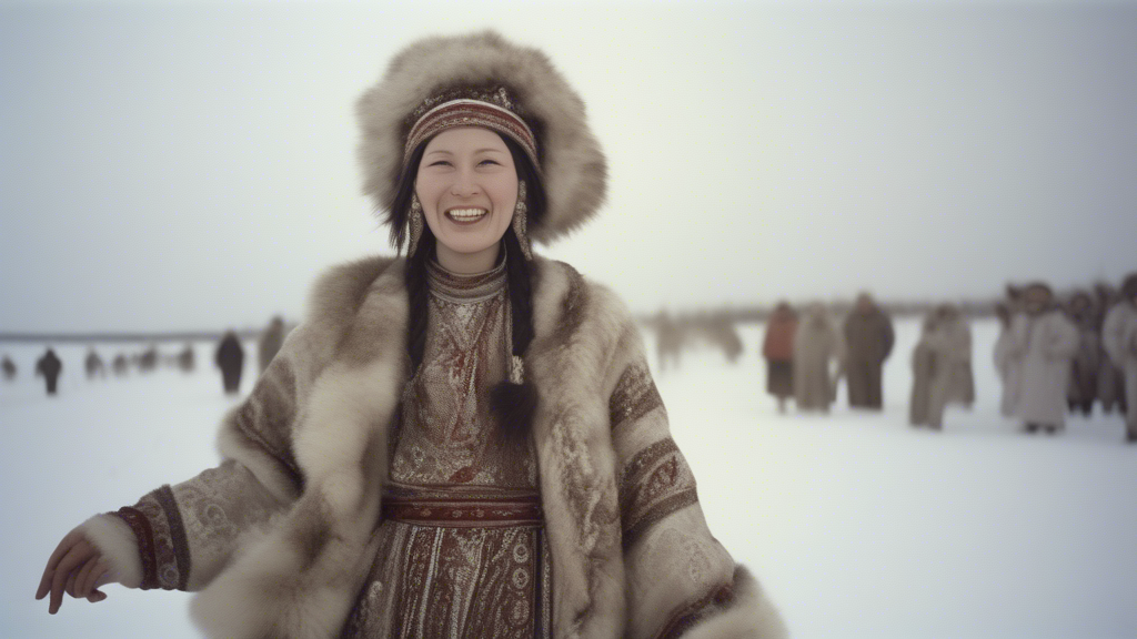 A woman in a traditional Yamal costume dances on Shrovetide against the background of tundra landscapes generated with Sora Video AI