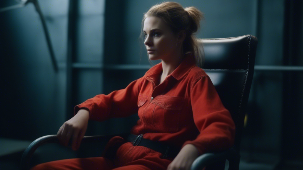 woman Prisoner getting buckle into chair in the chamber. red denim jumpsuit generated with Sora Video AI