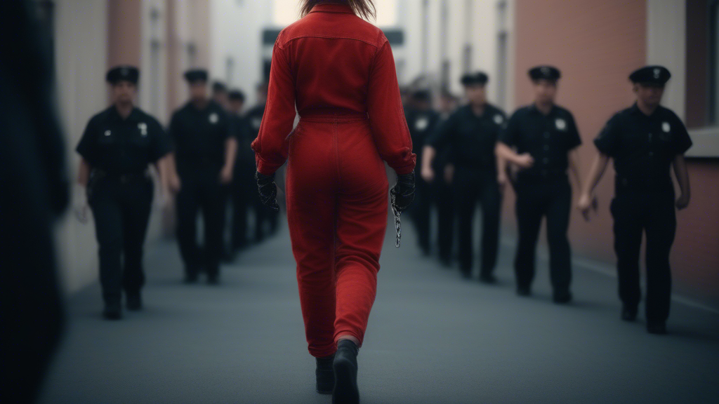 Prisoner women in red denim jumpsuit walking in handcuffs walking front, Warden all in black denim jumpsuit with her. generated with Sora Video AI