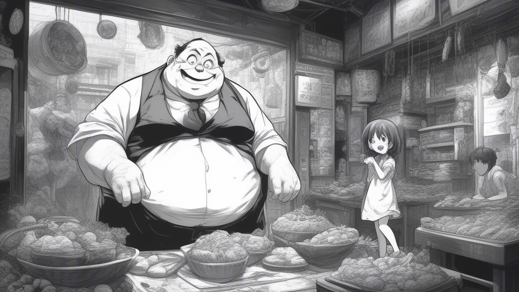 Create a short film in black and white silent old film mode that will depict a scene where a fat man with an appetite devours a huge amount of food in the background there is a little girl standing and laughing generated with Sora Video AI