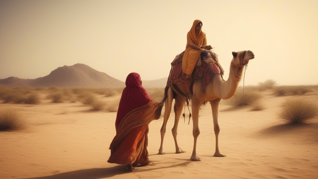 A Rajasthani woman is riding a camel in the desert and her husband is walking generated with Sora Video AI