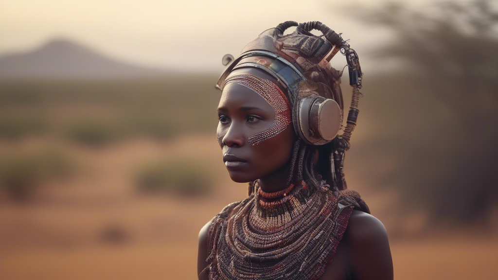 MAASAI WOMAN WITH HEADDRESS EMERGING FROM A FUTURISTIC PHONE, SAVANNA BACKDROP generated with Sora Video AI