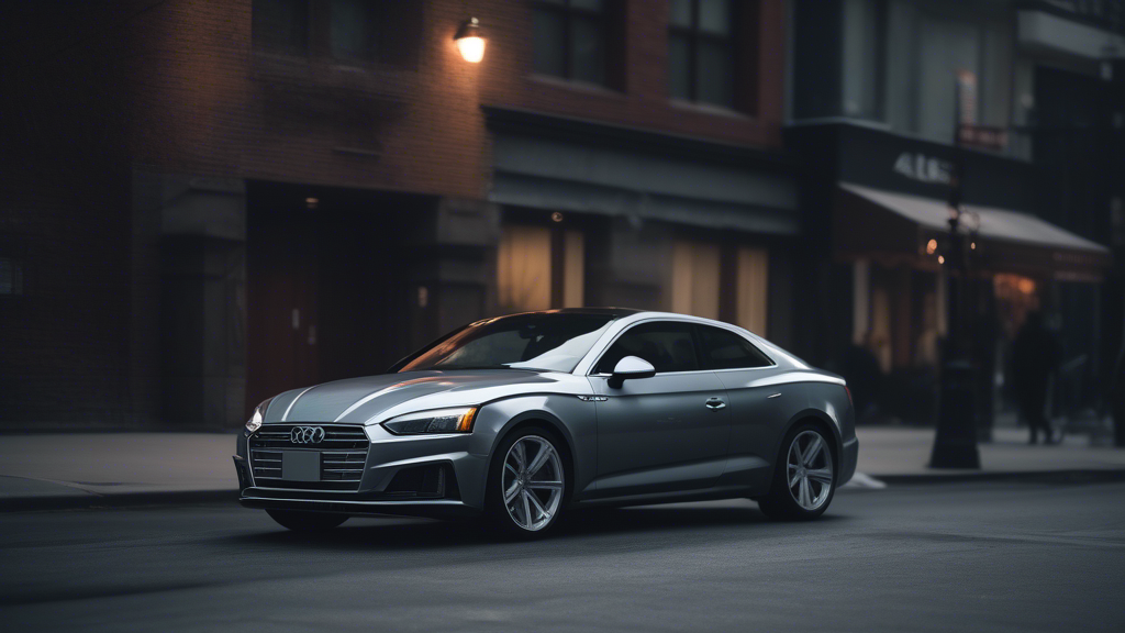 audi a5 with logo very well seen and with no license plate at the from is standing in downtown Toronto with headlights on make it look very realistic generated with Sora Video AI