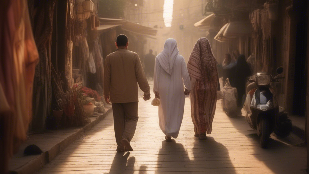 Create an ultrarealistic video that follows a typical Egyptian man and his wife as they walk through the bustling streets of Cairo. The video should begin with the couple stepping out of their traditional Egyptian home at dawn, with the early sunlight softly illuminating the vibrant colors of the city. As they walk, the narrow streets come alive with the sounds of morning prayers, the aroma of freshly baked bread, and the chatter of locals beginning their day. generated with Sora Video AI