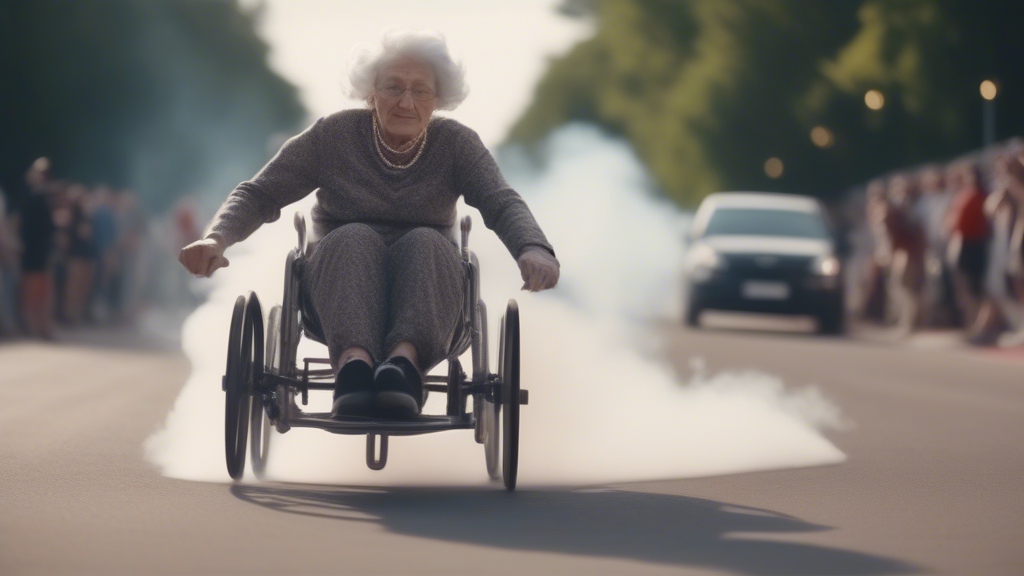 grandma racer going fast on wheelchair smoke under wheels generated with Sora Video AI