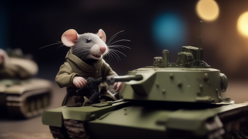 rat soldier in a toy tank with army in the background generated with Sora Video AI