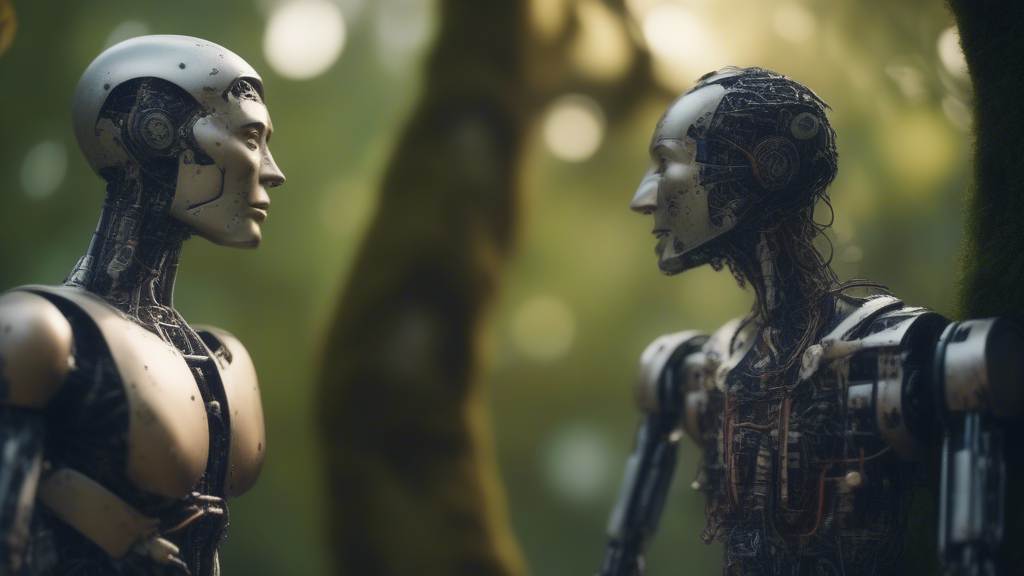 adam and eve talking to robot tree generated with Sora Video AI