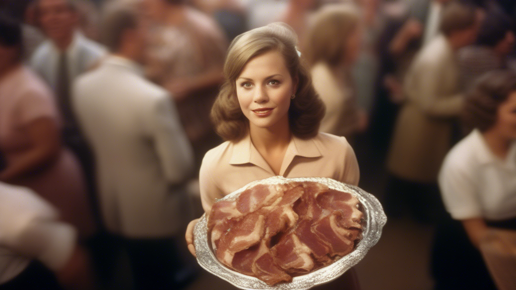 Overhead shot of a waitress carrying a silver platter filled with bacon through a crowded disco generated with Sora Video AI