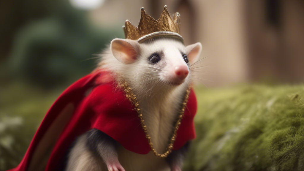 A giant opossum with wings wearing a crown and a red mantle greets people (they are smaller than opossum) in a royal castle generated with Sora Video AI