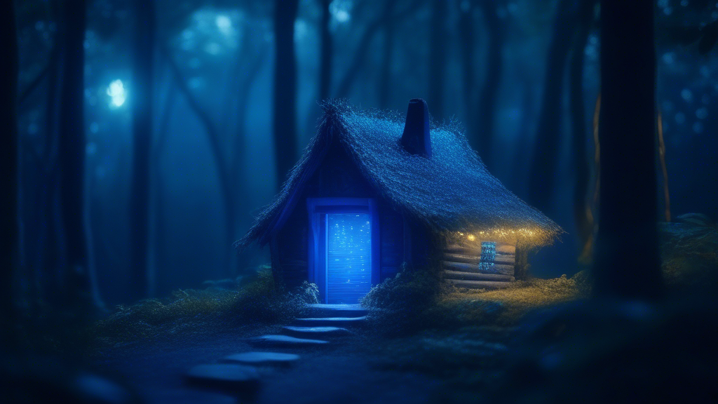 Magical blue glowing hut in forest, saturated fantasy, cgi, dark background generated with Sora Video AI