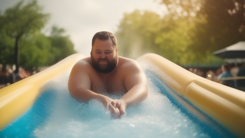 big fat man is sliding on slide with water generated with Sora Video AI