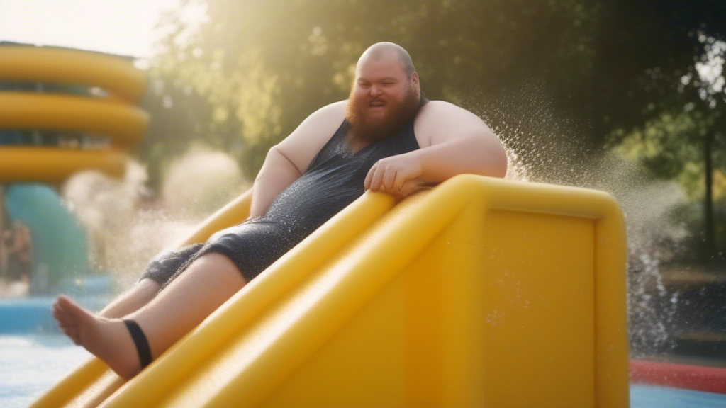 big fat man is sliding on slide with water generated with Sora Video AI