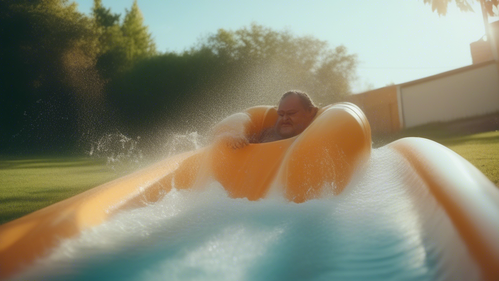 big fat man is sliding on slide with water generated with Sora Video AI