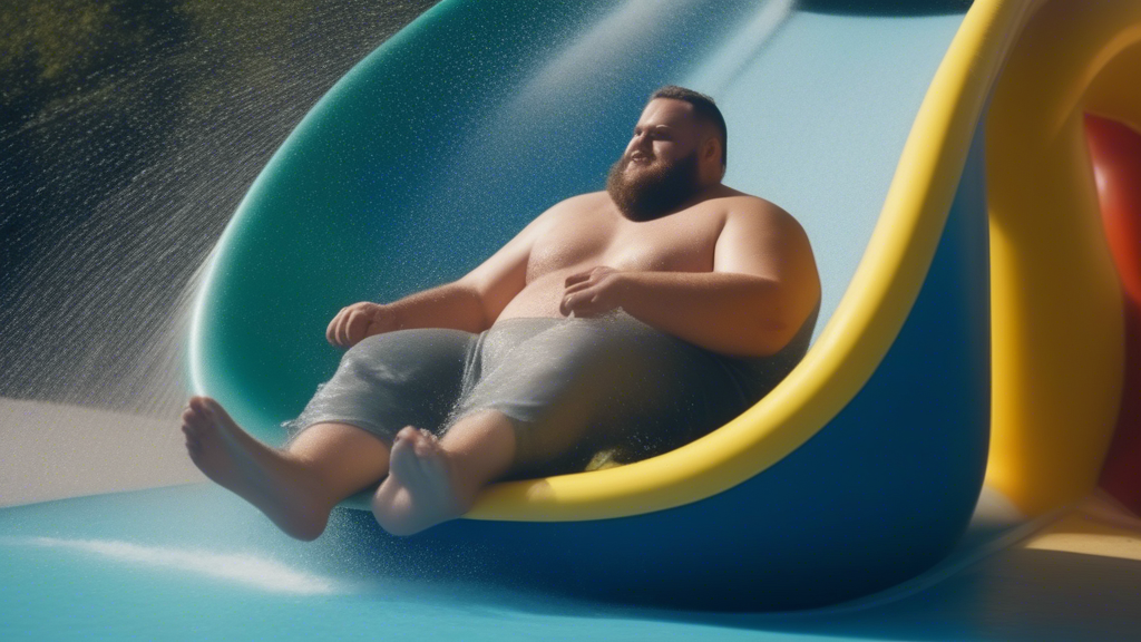 big fat man is sliding on slide with water generated with Sora Video AI