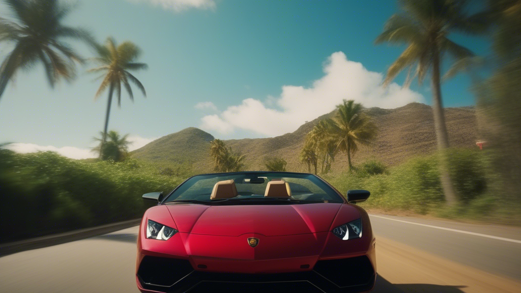 VIEW FROM A CONVERTIBLE LAMBORGHINI RIDING THROUGH THE HILLS LOOKS UP AT THE PALM TREES generated with Sora Video AI