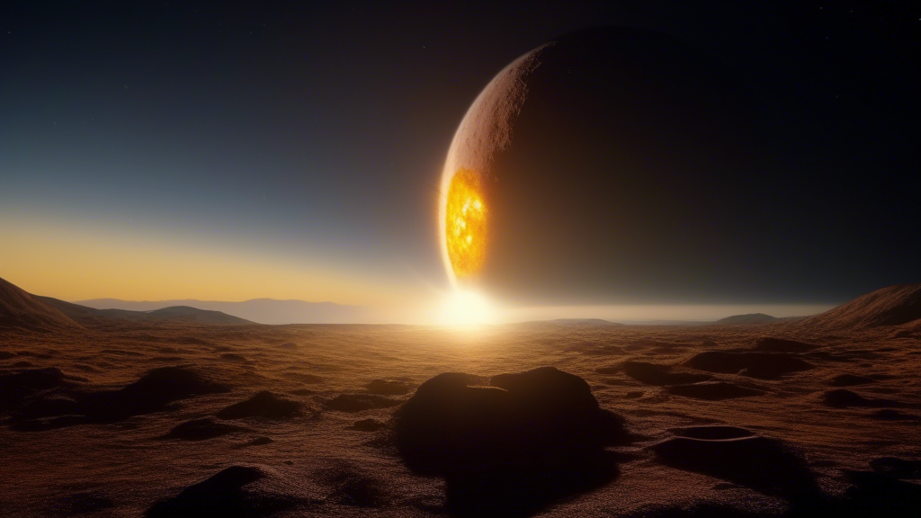 Create an epic cinematic scene similar to the opening of "2001: A Space Odyssey". The camera slowly reveals a massive potato in space, floating majestically as the Sun begins to rise behind it. The Sun casts a bright halo around the potato, illuminating its surface and creating a breathtaking silhouette. The potato should resemble the Earth in scale, with detailed textures and craters to add realism. Include a dramatic orchestral soundtrack to evoke a sense of wonder and grandeur as the Sun fully rises behind the potato, completing the stunning cosmic imagery. generated with Sora Video AI