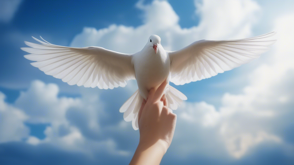A white dove taking flight from the hands of a beautiful young woman, with a blue sky and storm clouds. generated with Sora Video AI