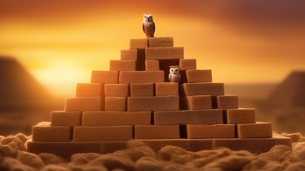Money stacking up in a Tetris style in the ancient pyramid scenery, with owls flying above, with warm tones and sunset generated with Sora Video AI