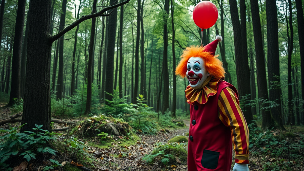 Clown in the forest generated with Sora Video AI