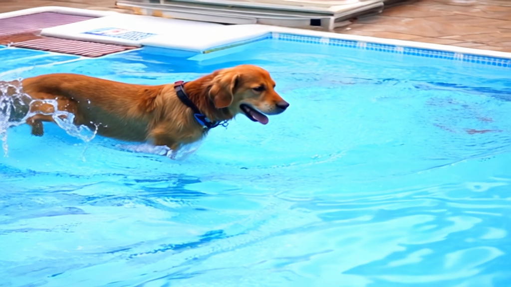 a golden retriever jumps in a swimming pool generated with Sora Video AI