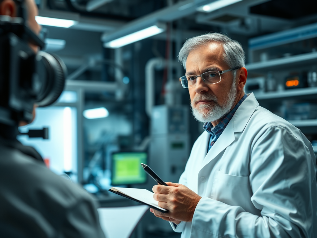 In a high-tech laboratory, the camera is positioned over the shoulder of a reporter conducting an interview with a renowned scientist. The shot captures the reporter’s notepad and the scientists face generated with Sora Video AI