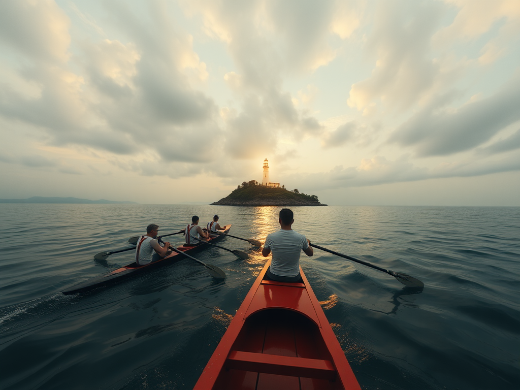 Plot: Six male oarsmen row to an island with a shining lighthouse
Composition: Panoramic video with an aspect ratio of 2.21x1,
Perspective: eye-level generated with Sora Video AI