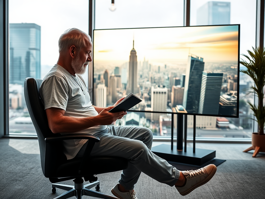 A 45 year old man is sitting in an office with large windows, looking at a book. In front of him is a large screen with an image of a city of the future. He is wearing sneakers and 2 T-shirts (white ) generated with Sora Video AI