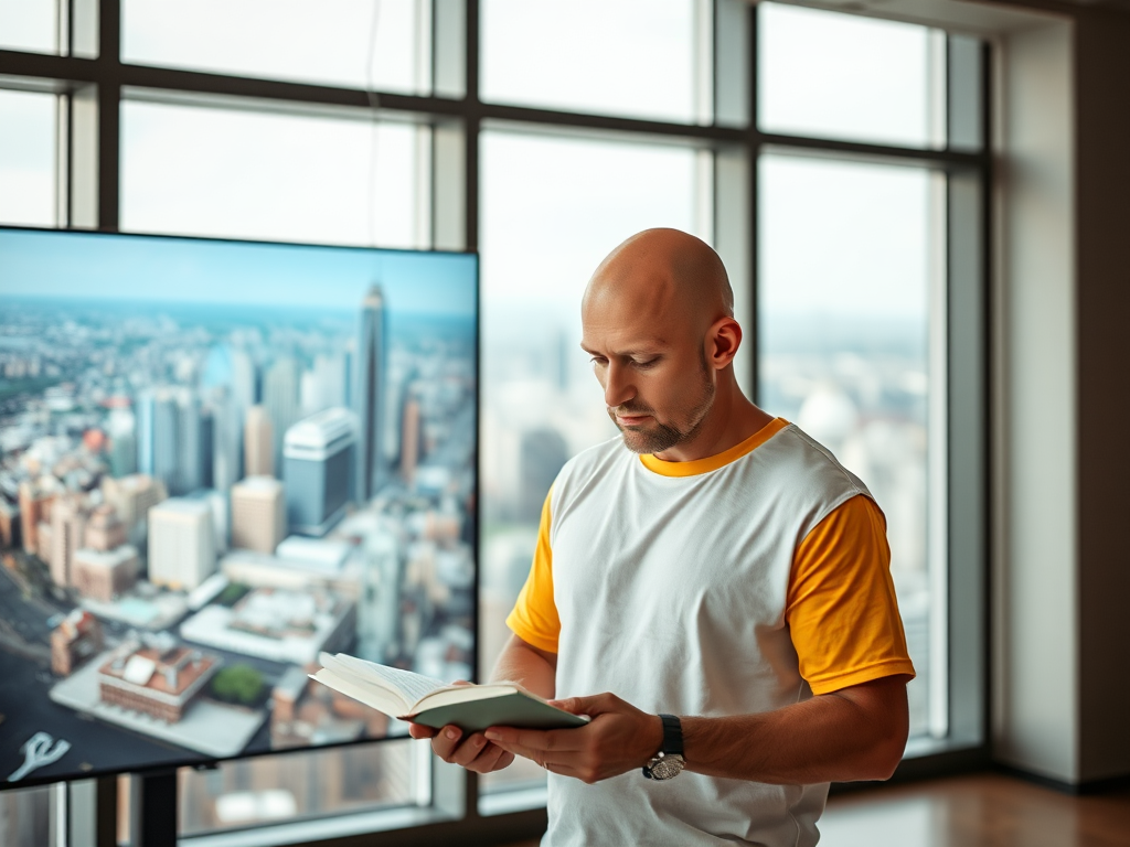 A bald man stands in front of large windows, looking at a book. Next to him is a large screen with an image of a city of the future. He is wearing two T-shirts (white with sleeves and yellow on top). generated with Sora Video AI