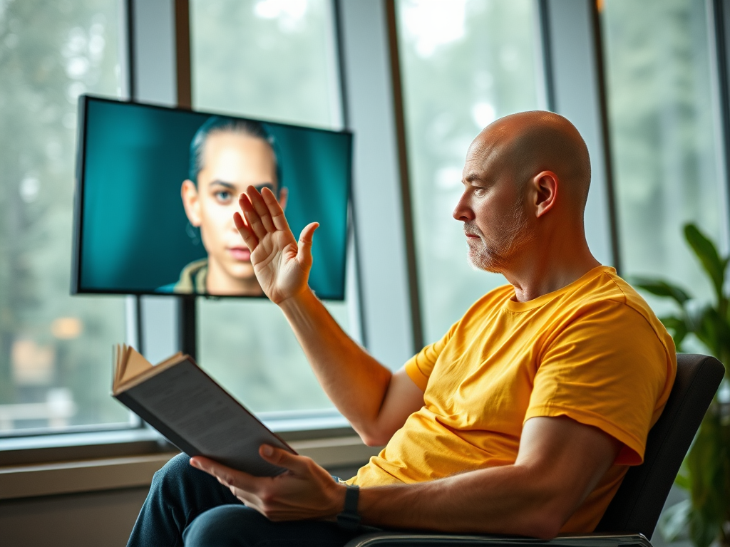 A bald man sits in front of large windows, he looks at a book. He waves at a large screen with a face on it. He is wearing 2 T-shirts (white with sleeves and yellow on top). generated with Sora Video AI