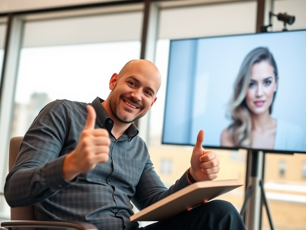 A bald man sits in front of large windows, he smiles and blinks, a book in one hand, and with the other hand he points a thumbs up gesture at a large screen with an image of a woman. generated with Sora Video AI