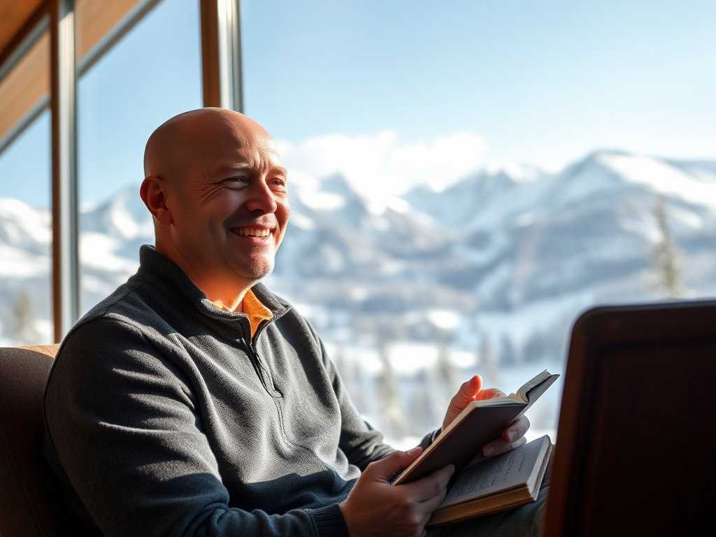 A bald man sits in front of large windows overlooking the mountains in the snow, he smiles and blinks, a book in one hand, and points his finger into the distance out the window with the other hand. generated with Sora Video AI