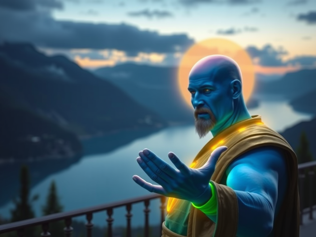 Terrace overlooking a mountain lake. A bald, large man with a blue body and a golden glow around his head and a green glow around his body makes a gesture from the bottom up with his right hand, palm generated with Sora Video AI