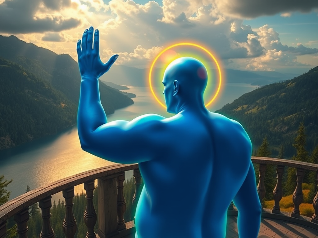 Terrace overlooking a mountain lake. A bald, large man with a blue body and a golden glow around his head and a green glow around his body makes a gesture from his head to the clouds. generated with Sora Video AI