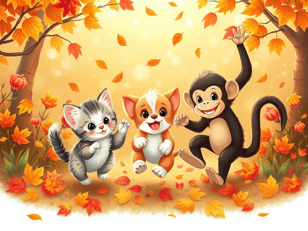 A heartwarming scene of friendship and innocence unfolds on a cheerful greeting card. In a whimsical autumn garden, a playful kitten, puppy, and mischievous monkey frolic amidst falling leaves, bathed generated with Sora Video AI