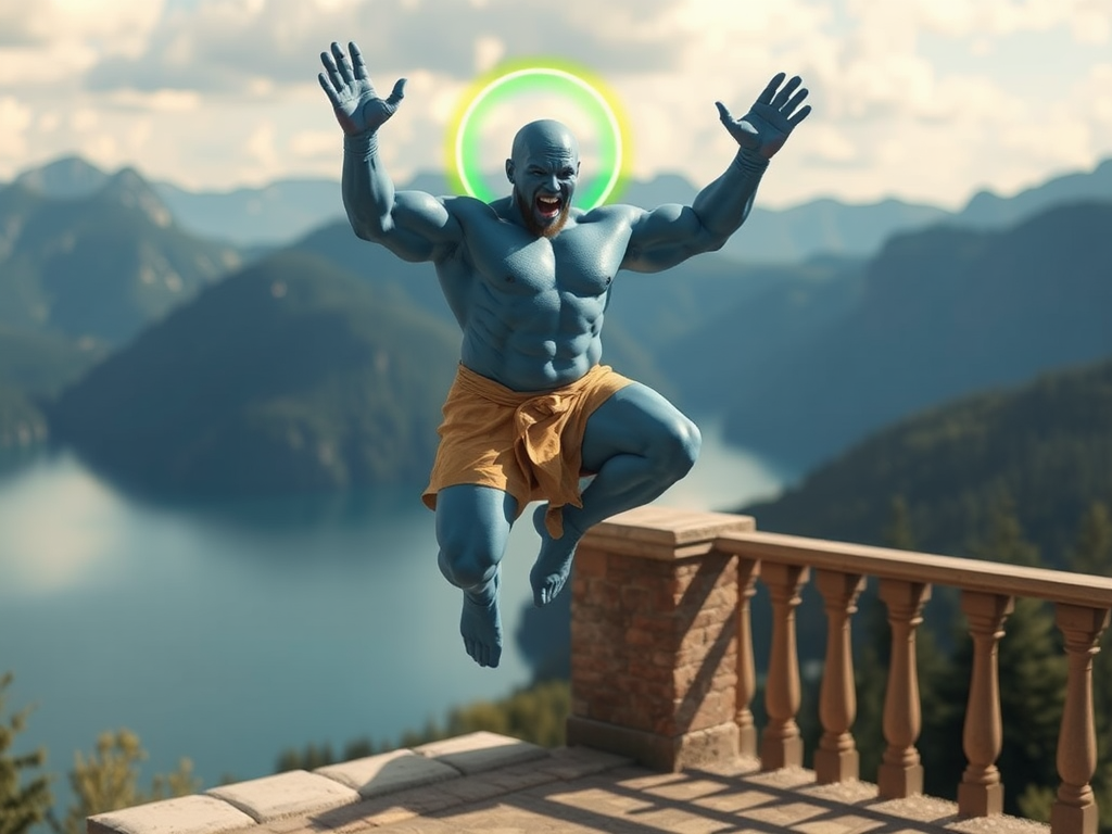 Terrace overlooking a mountain lake. A bald, large and strong man with a blue body and a golden glow around his head and a green halo around his body makes a jump. generated with Sora Video AI