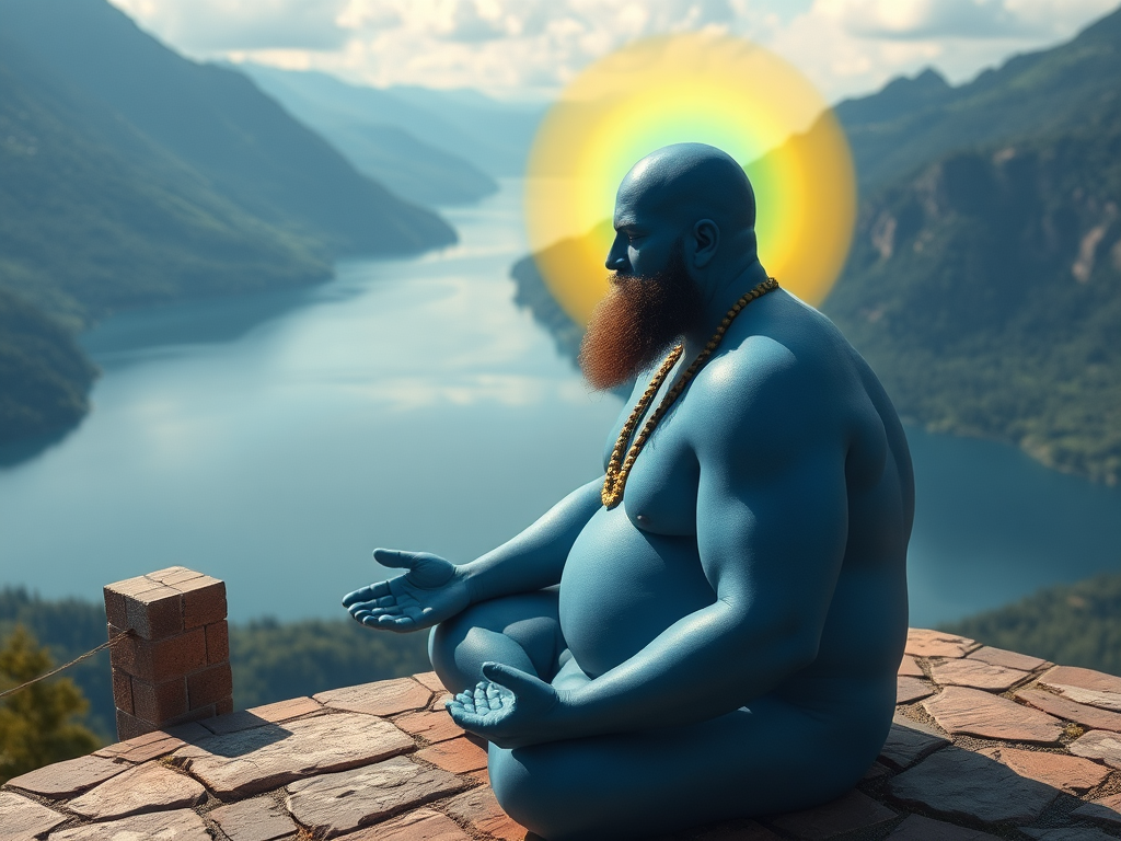 Terrace overlooking a mountain lake. A bald, large and strong man with a blue body and a golden glow around his head and a green halo around his body sits down to meditate. generated with Sora Video AI