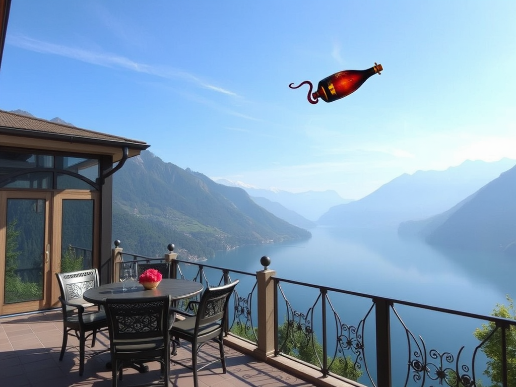 Terrace overlooking a mountain lake. A genie from a bottle flies out onto the terrace. generated with Sora Video AI