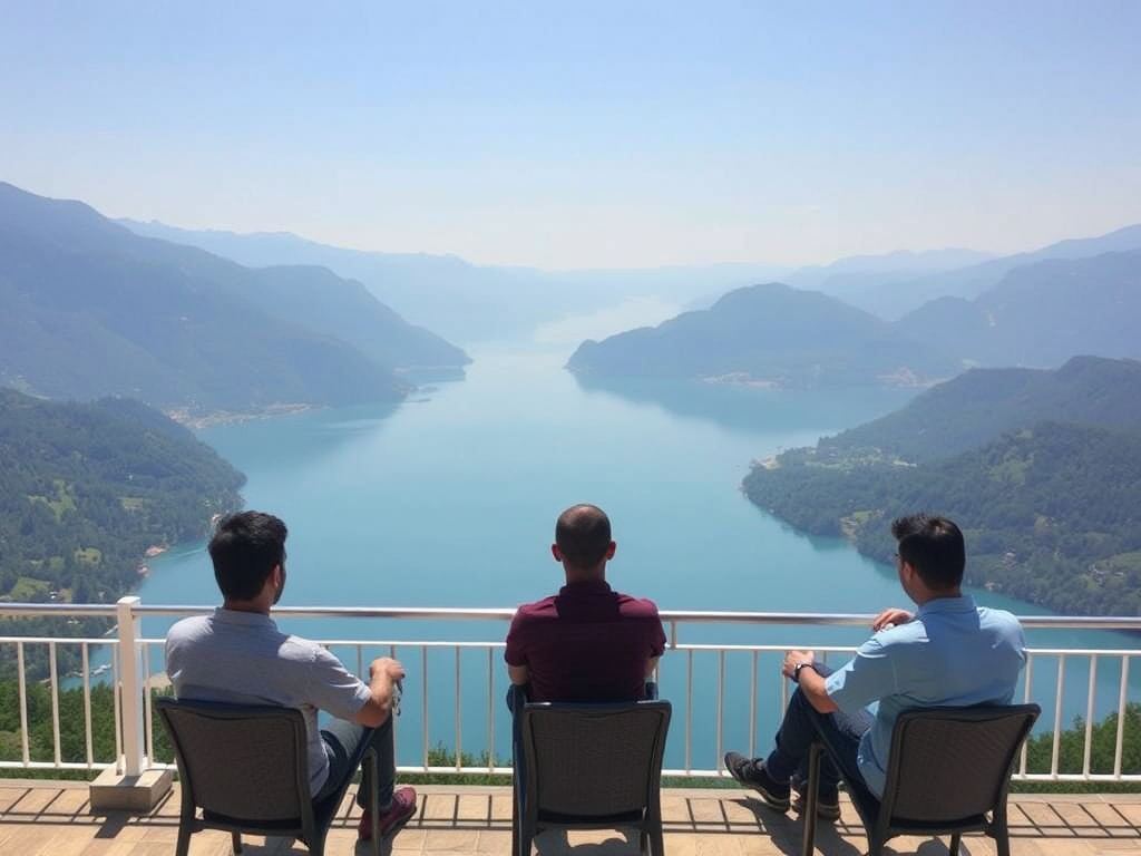 Terrace overlooking a mountain lake. Three men are sitting on the terrace. generated with Sora Video AI