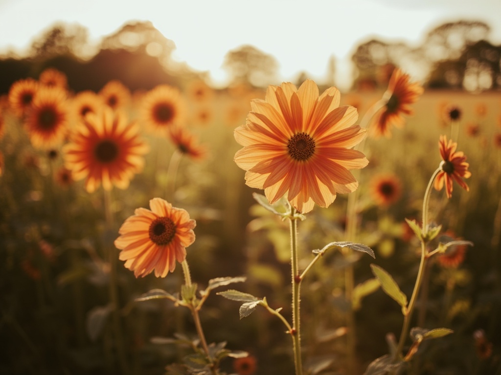 A large flower meadow and sunrise. Camera is close up to a flower and is miving left,. Caro_Clara Tuch is running. generated with Sora Video AI