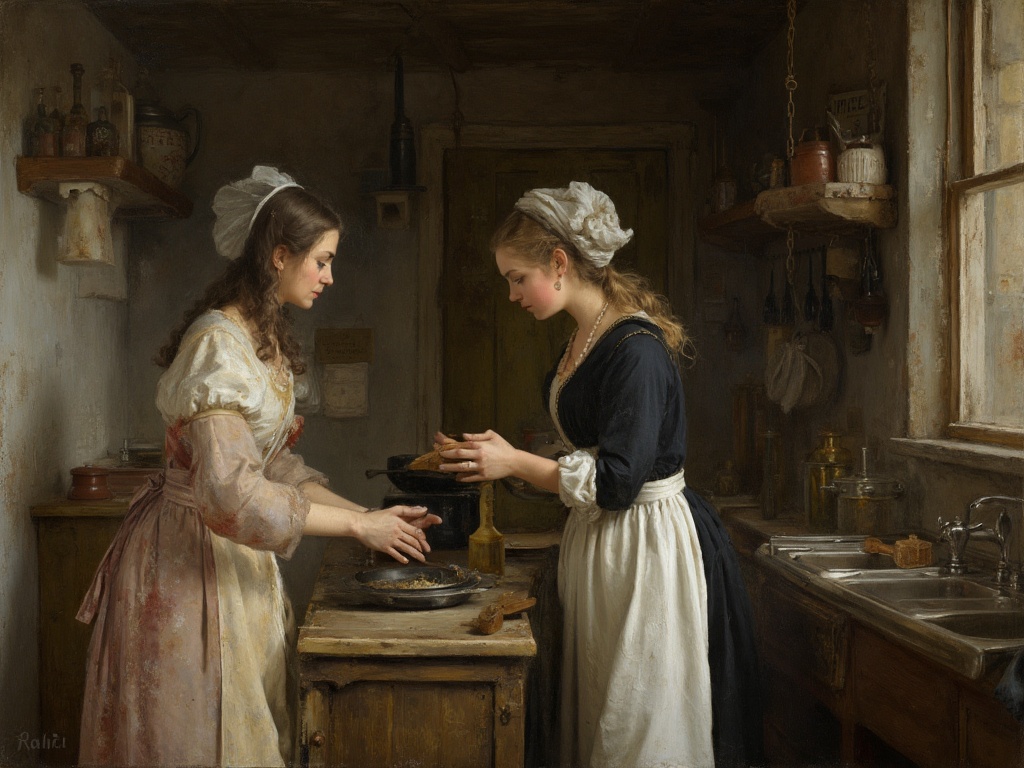 Johannes Vermeer was a Dutch painter, exquisite domestic scenes. One of his, works featuring two women in a kitchen is "The Kitchen Maid, 1658. This oil on canvas, 45.5, cm, the Rijksmuseum in generated with Sora Video AI