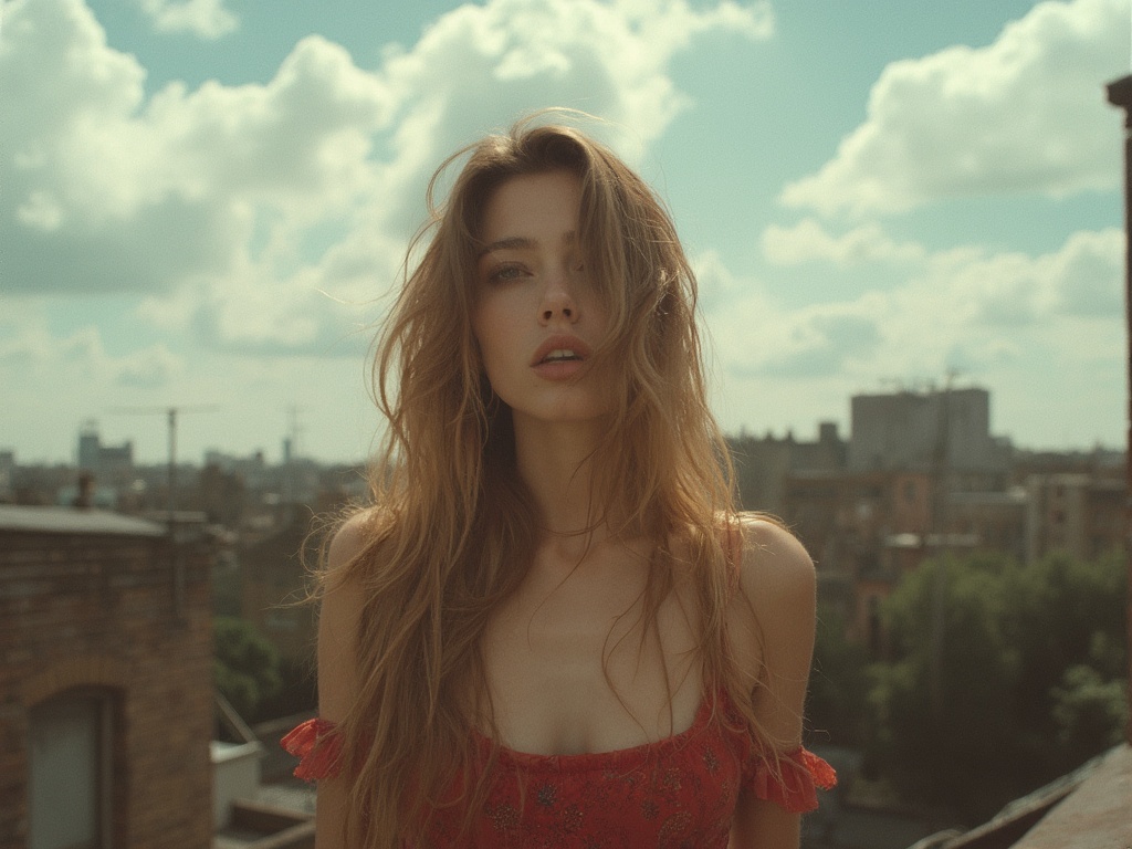 charmy photo on vintage color film of a Kate by Daniel Murtagh, movie still sultry style. doro on the summer roof in abandoned London, sunny ray, strong wind and air. tall trees and clouds. generated with Sora Video AI