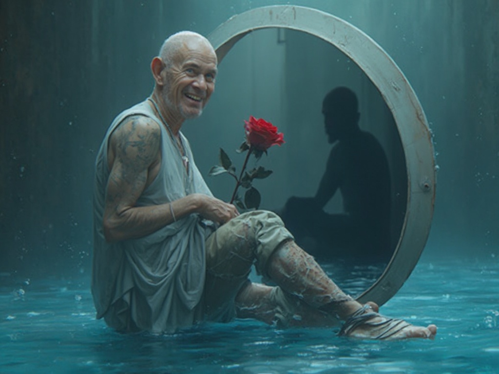 A cheerful bald mature man. He sits on the water with his right leg stretched forward, a blue body, behind him is a large round mirror that reflects the dark silhouette of the viewer, and a red rose, generated with Sora Video AI